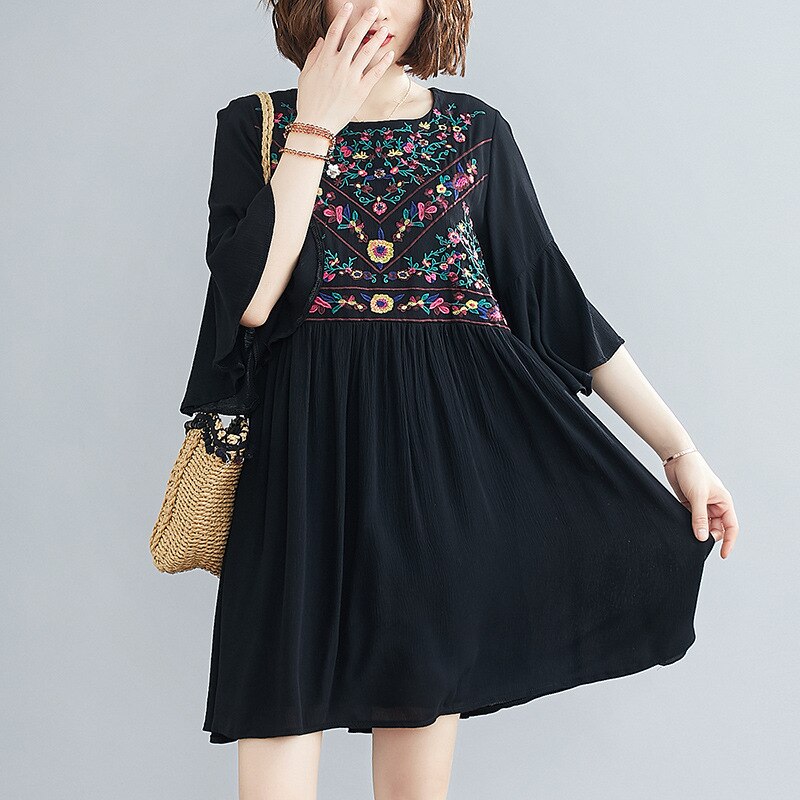 Summer Retro Women’s Floral Embroidered Half Flare Sleeve Dress O Neck Plus Size Loose Elegant Mini Dresses Black Folk-custom alx