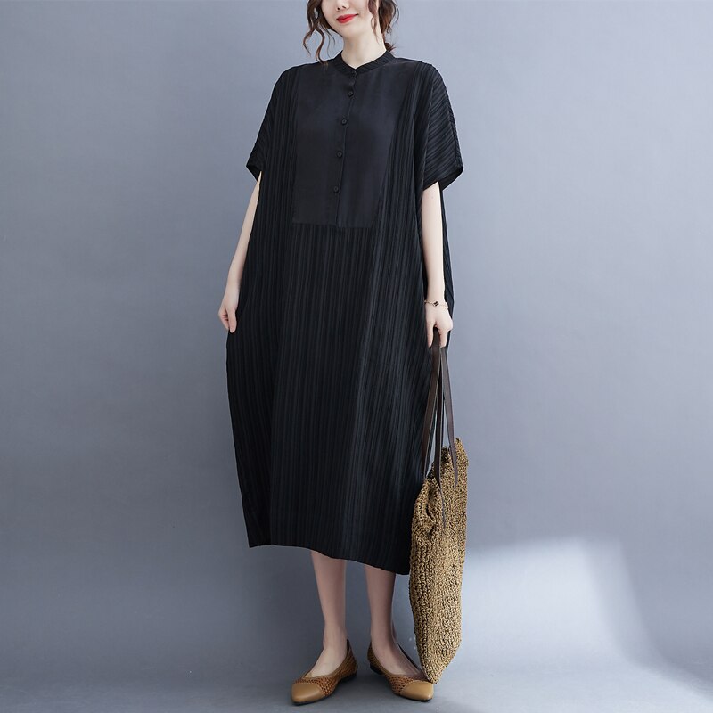 2022 New Arrival Short Sleeve Black Summer Dress Patchwork Striped Office Lady Work Dress Women Casual Midi Dress alx