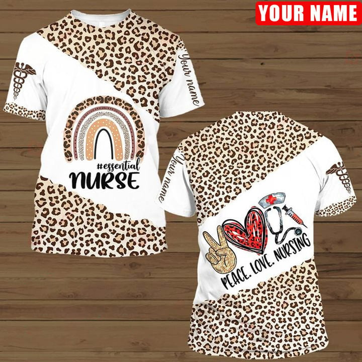 Personalized Peace Love Nursing Leopard Pattern Shirt, Essential Nurse Rain Bow Leopard Tshirt