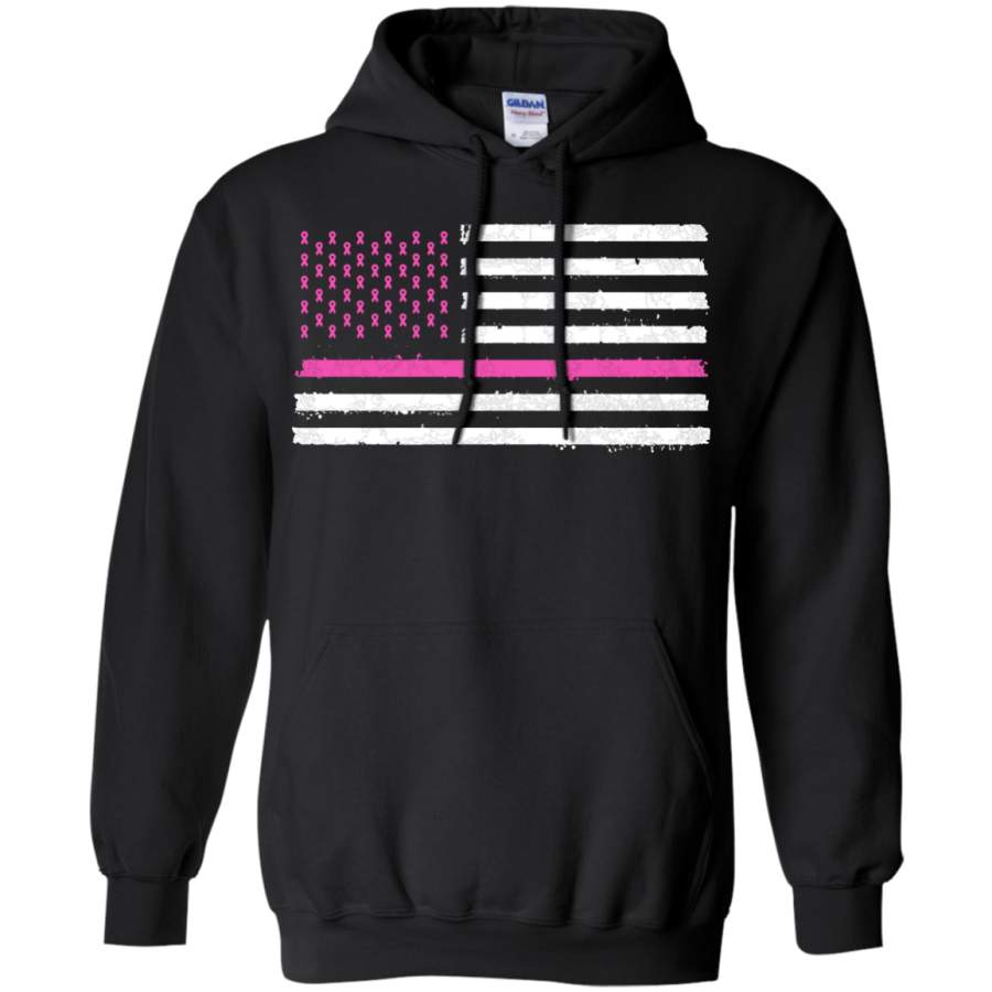 50 Pink Ribbon & Pink Stripe Flag Pullover Hoodie 8 oz