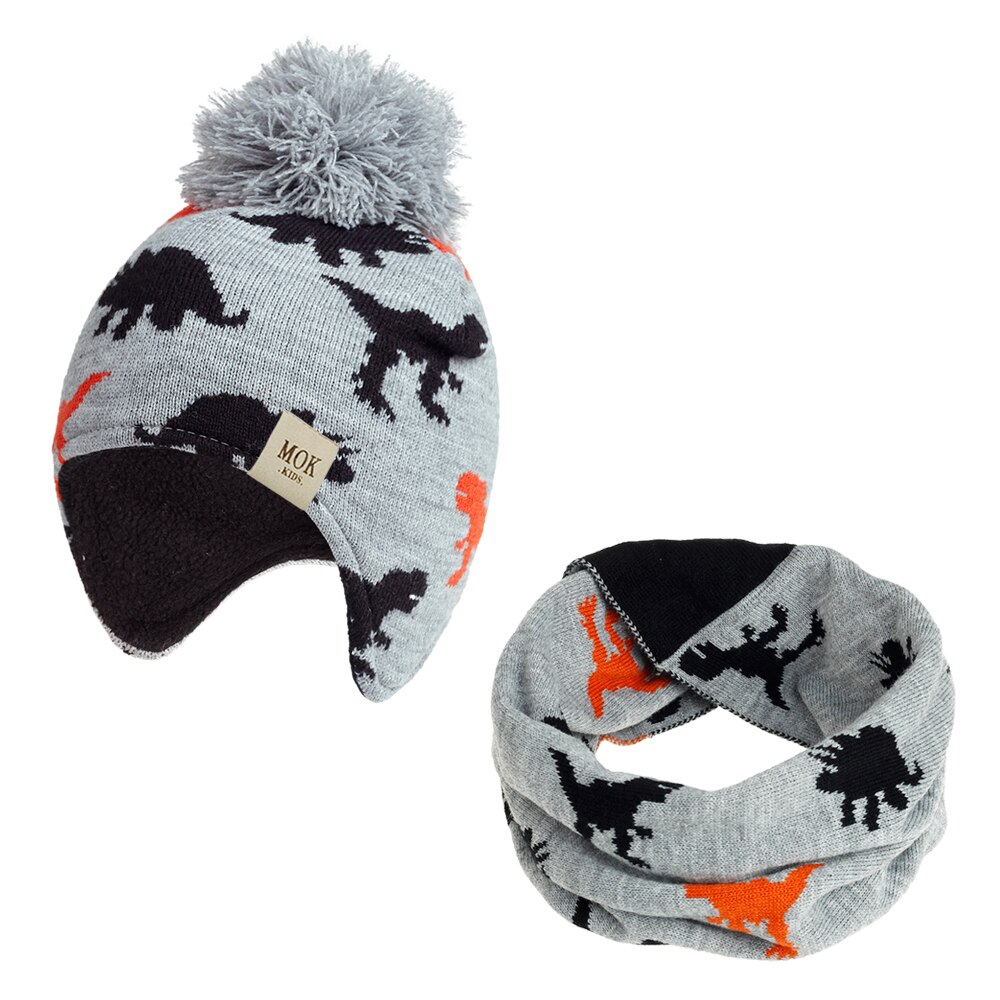 2022 New Baby Boys Girls Ear Hat and Scarf Set 2pcs Knitted Winter Hats For Kids Dinosaur Print Children Knit Thicken Beanie Cap alx