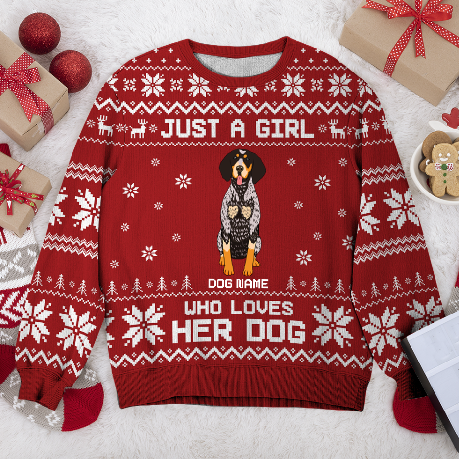 Bluetick Coonhound Just A Girl Personalized Sweater, Dog Ugly Christmas Sweater