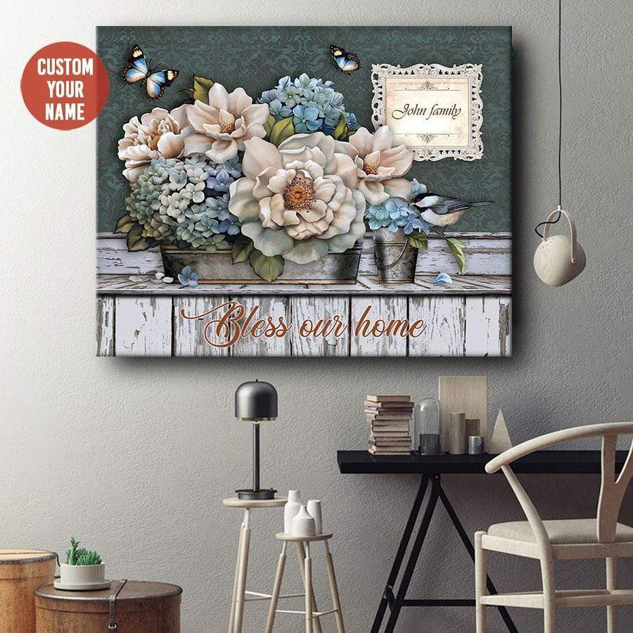 Bless Our Home Hydrangea Flower Custom Canvas With Your Family Name Poster Print, Wall Art Canvas, Poster Canvas Wall Decor