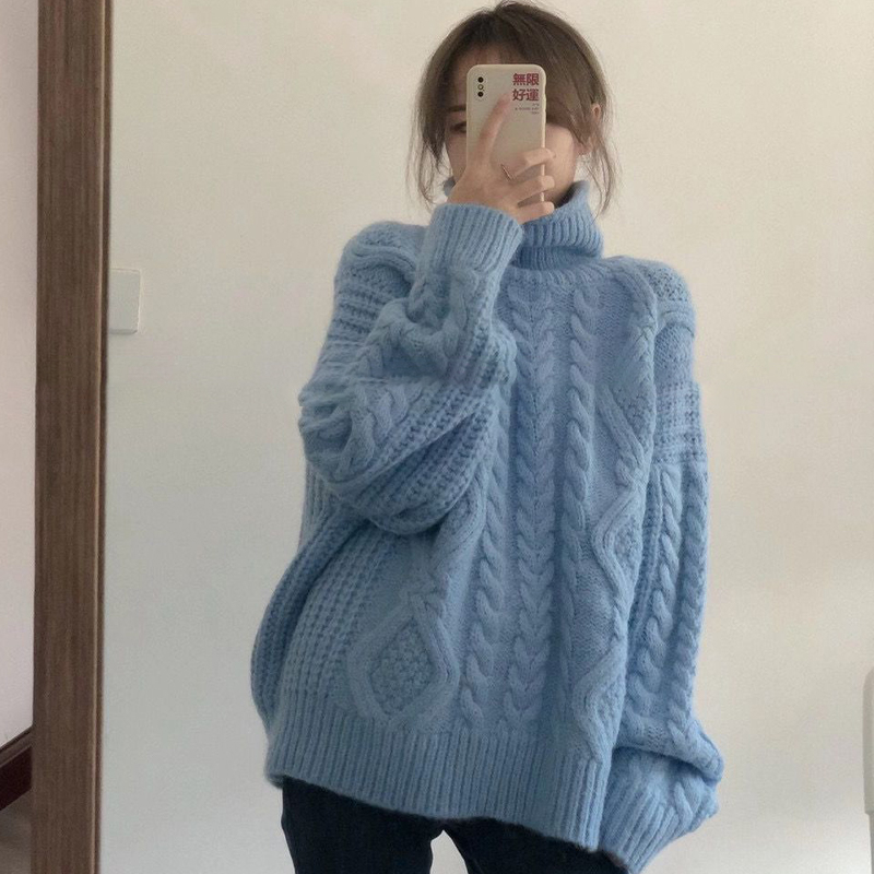 Winter New Lazy Wind Women’s Clothing Sweater Korean Fashion Loose Retro Leisure High Collar Twist Knitting Blue Pullover Tops alx