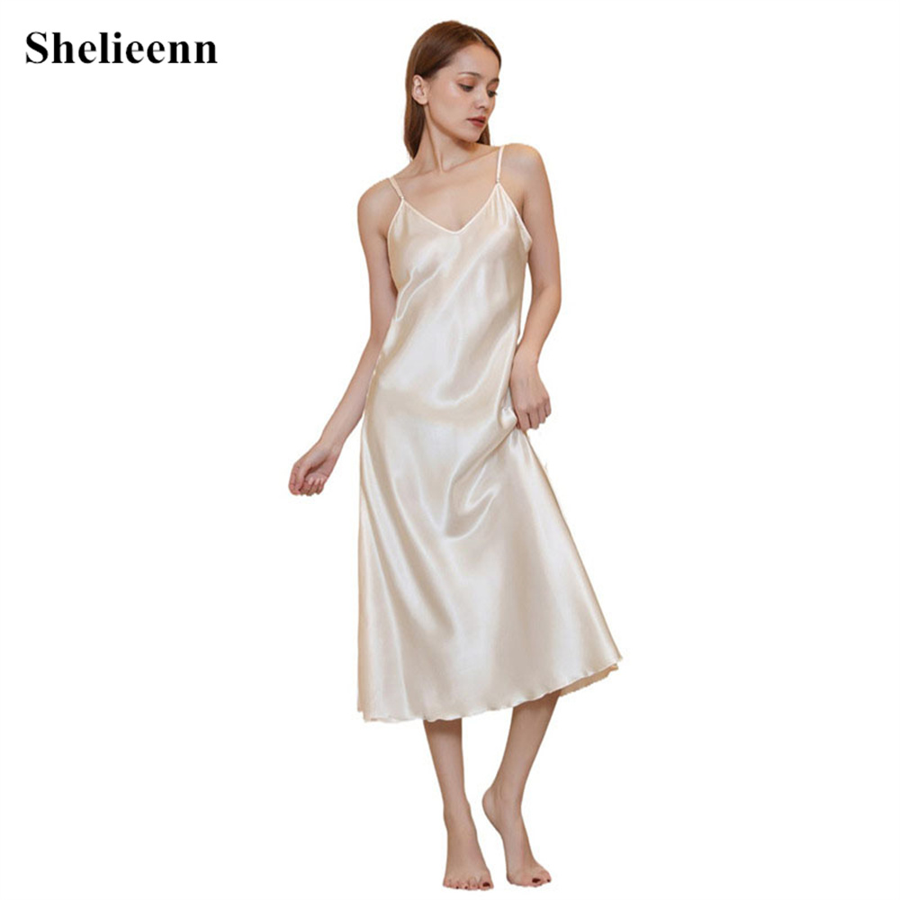 2021 Summer Sexy Long Sleepwear Women Rayon Sleep Dress Solid Nightie V-Neck Nightgown Women Satin Nightdress Female Nightwear alx