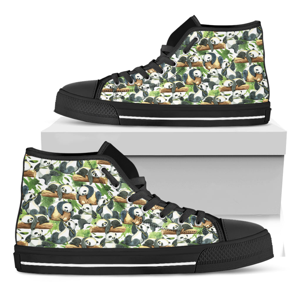 Watercolor Panda Bear Pattern Print Black High Top Shoes