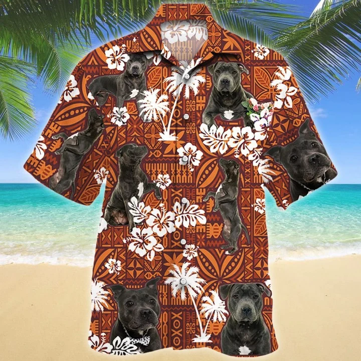 Staffordshire Bull Terrier Dog Red And Orange Tribal Pattern Hawaii Shirt Ha71056