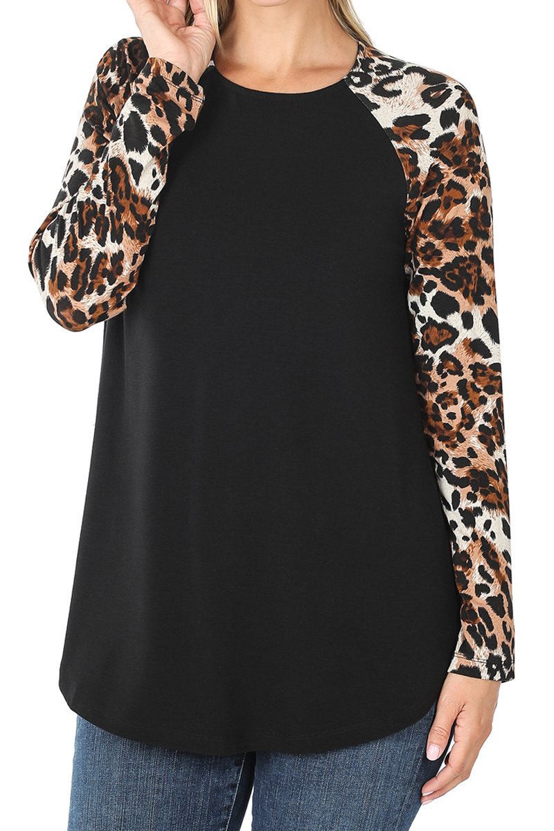 Black w/Leopard Long Sleeve Raglan Top