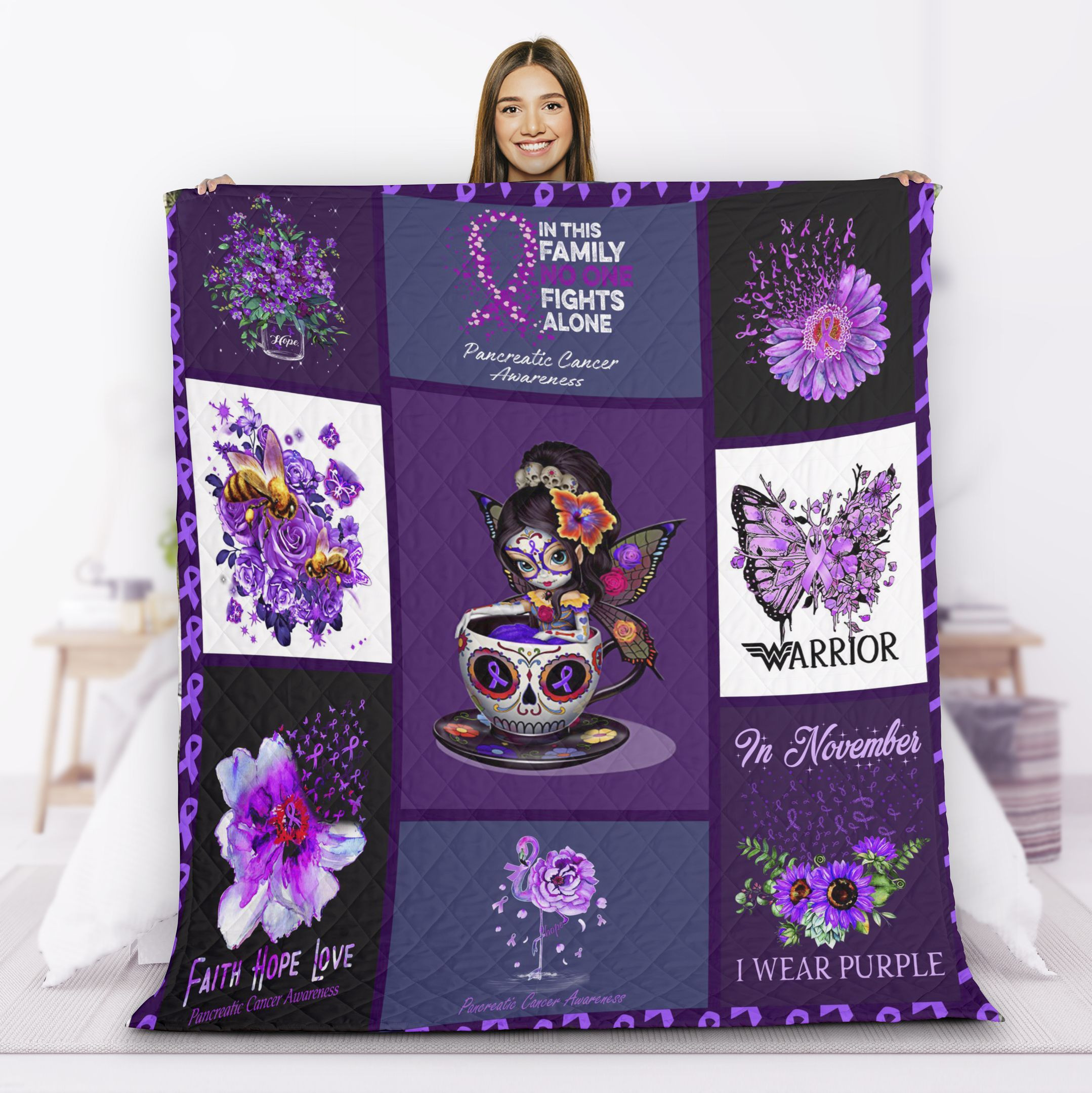 Warrior With Skull Girl Tattoo Blanket Gift For Men Women – Pancreatic Cancer Awareness Quilting Presents For Christmas Birthday Halloween