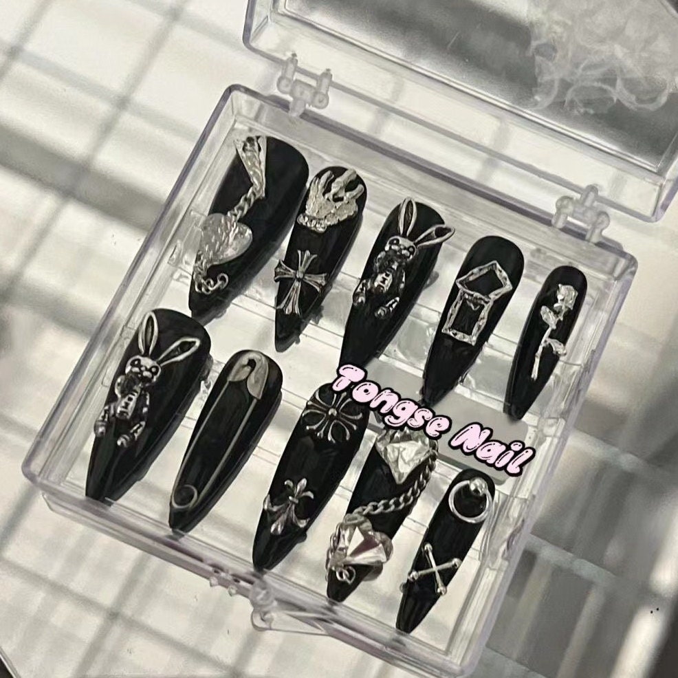 Long Stiletto Black Bunny Press On Nails/ Bunny Goth Fake nails/ Spooky Rose Press On Nails/Black Cute Halloween Nails | Reusable Nails #215