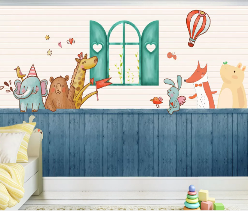 3D Animal Window Hot Air Balloon Cartoon Wall Mural Wallpaper 1875