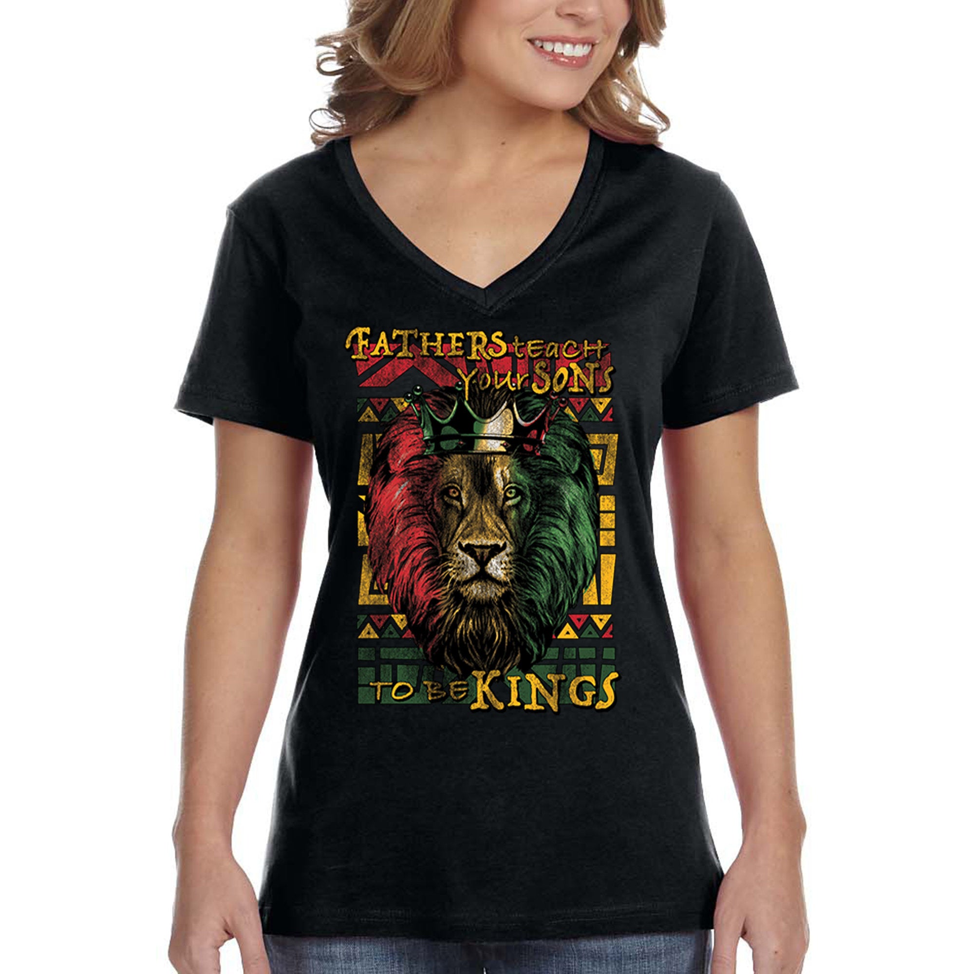 Xtrafly Apparel Women’S Fathers Teach Sons Kings Lion Black Lives Matter Blm African American Pride Rasta Rastafari Tiger V-Neck T-Shirt