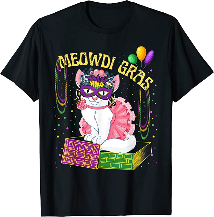 Meowdi Gras Kitten Cat Mask Beads Mardi Gras Funny Cat Lover T-Shirt