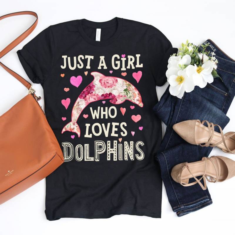 Crushtee Just a Girl Who Loves Dolphins Shirt Dolphin Gifts Flower Shirt Floral Design Dolphin Lover Sea Animal Tank Top Hoodie Long Sleeve Hoodie