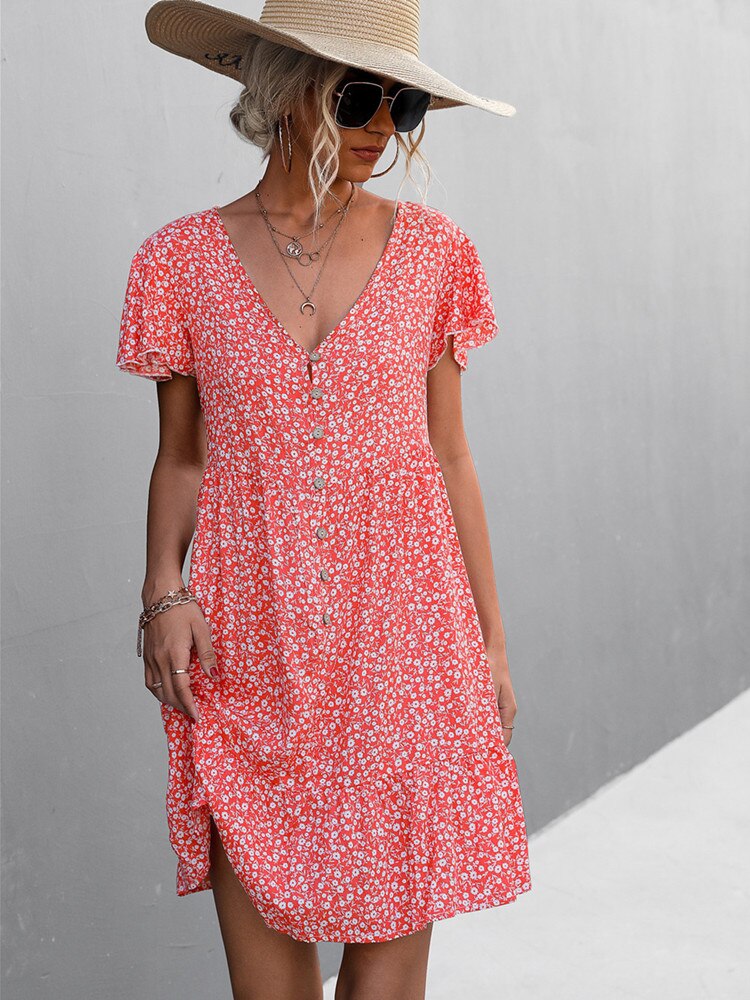 Summer Floral Print Loose Mini Dress For Women Casual V-neck Button Ruffles Vintage Dress Female Holiday Party Dresses 2022 New alx