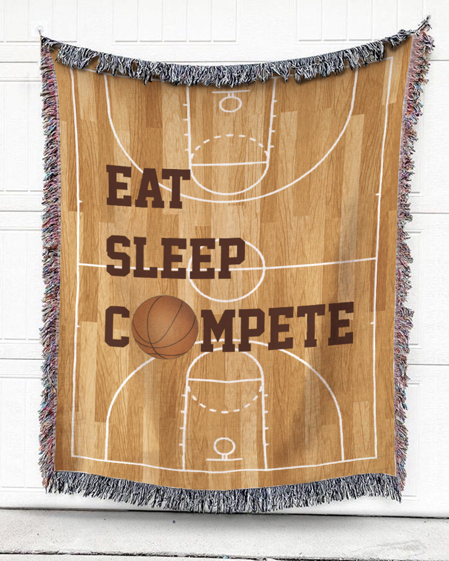 Woven Throw For Sports Lovers Christmas Gift, Basketball – Eat Sleep Compete, Cotton Blanket