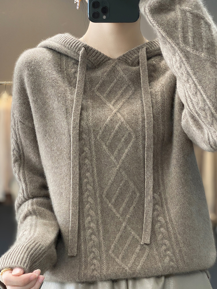 2022Autumn and Winter New Pure Wool Diamond Plaid Hooded Sweater Cashmere Sweater Women’s Loose Hoodie Pullover Thickened Top alx