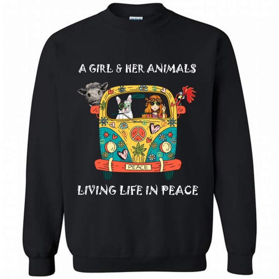 A Girl And Her Animals Living Life In Peace, Hippie Car Heifer Chicken Dog Lover – Gildan Crewneck Sweatshirt