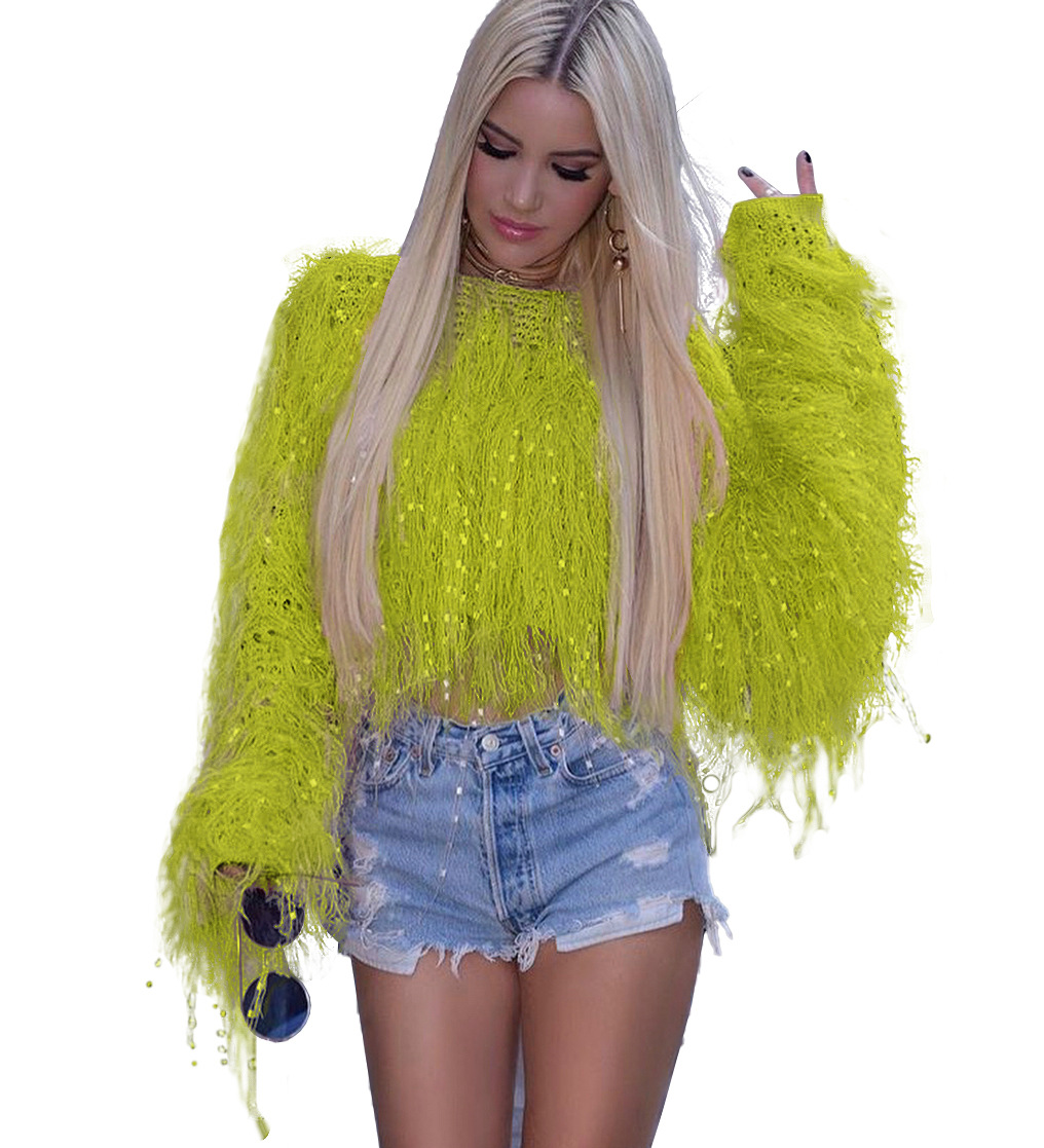 ANJAMANOR Neon Fringe Female Crop Oversized Sweater Knitted Pullover Fashion Clothes Women Winter Tops Tassel Jumper D48-AI33 alx