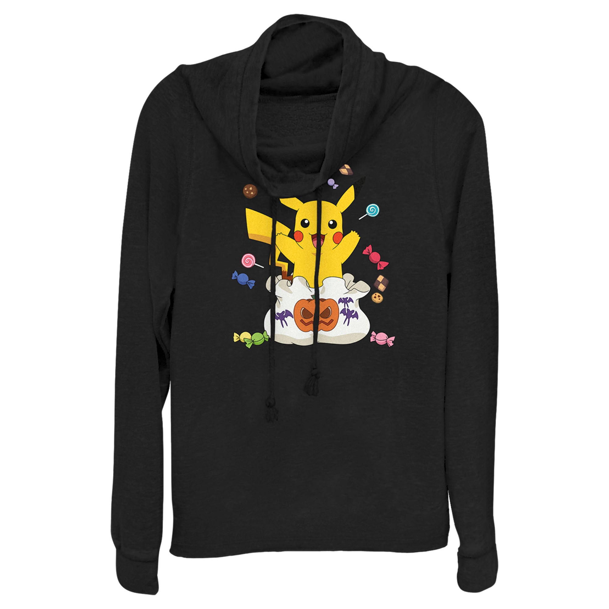 Junior’S Pokemon Halloween Pikachu Candy Bag Cowl Neck Sweatshirt