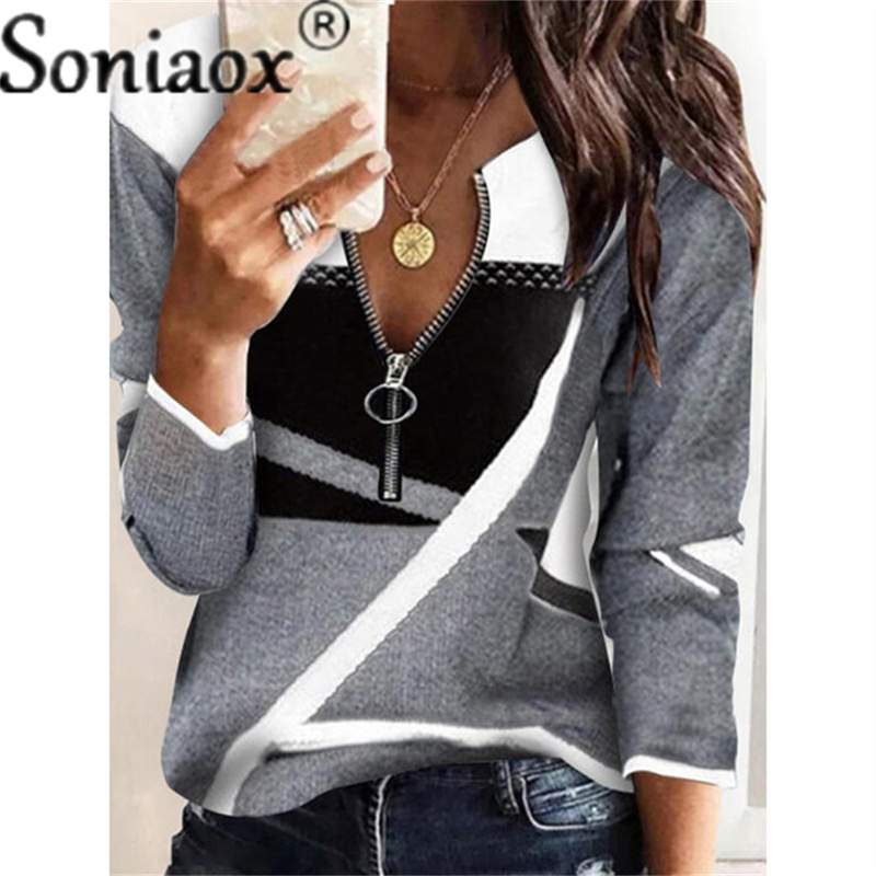 2021 Women Fleece Sexy Sweatshirts Winter Autumn Zipper V-Neck Geometry Tops Ladies Color Matching Pullovers Hooded alx