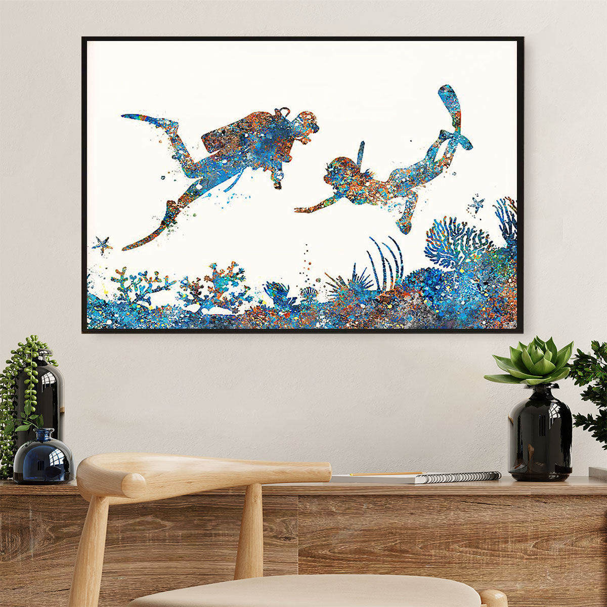 Scuba Diving Poster Prints | Couple Watercolor Painting | Wall Art Gift For Scuba Diver