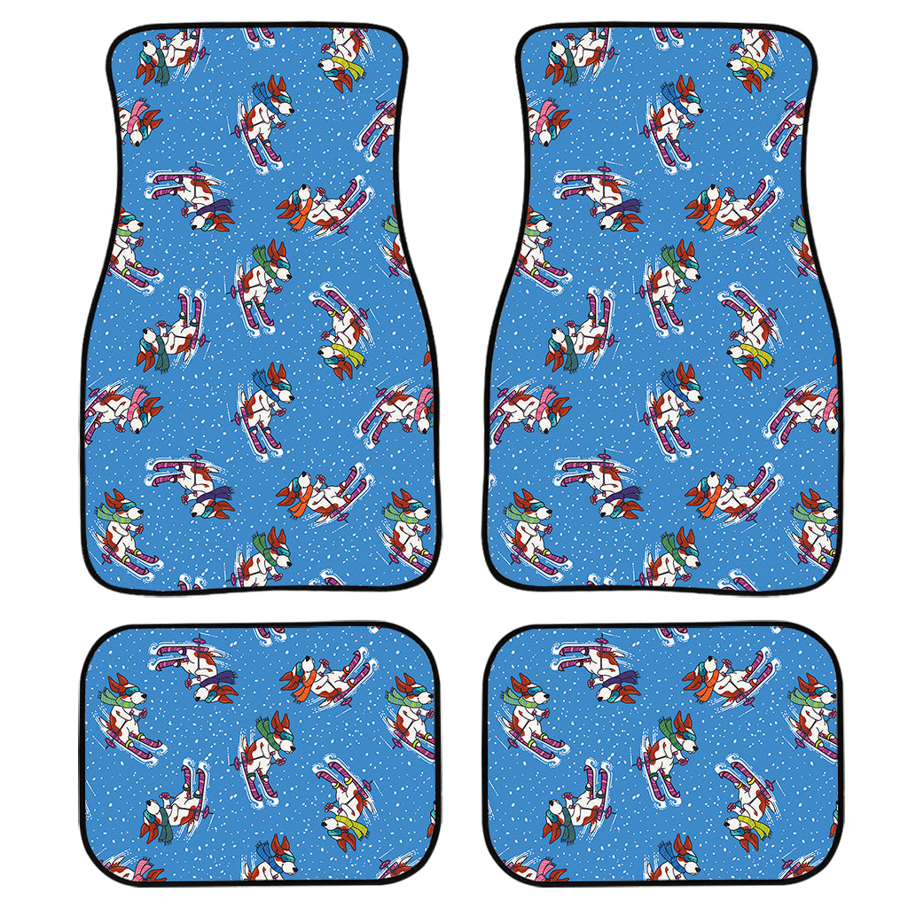 Skiing Dog Pattern Print Front And Back Car Floor Mats, Front Car Mat