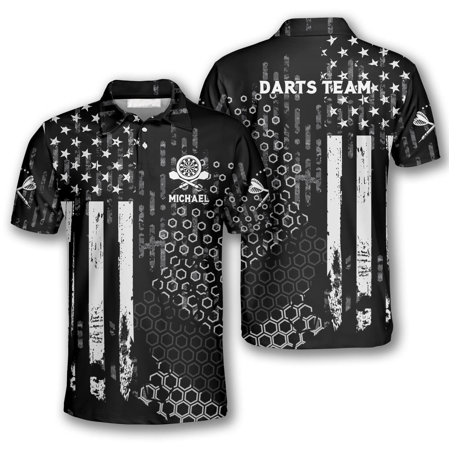 Us Flag Hive Pattern Custom Darts Polo Shirts For Men, Dart Costume Pool Player Gift