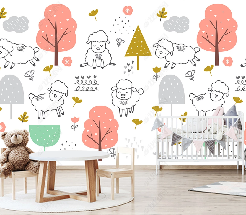 3D Hand Drawn Animal Sheep Pink Tree Wall Mural Wallpaper Lqh 122