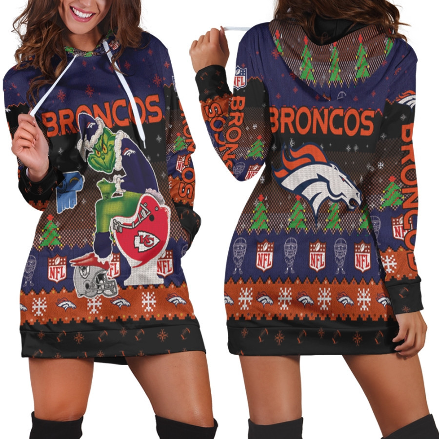 Santa Grinch Denver Broncos Sitting On Chiefs Chargers Raiders Toilet Christmas Gift For Broncos Fans Hoodie Dress