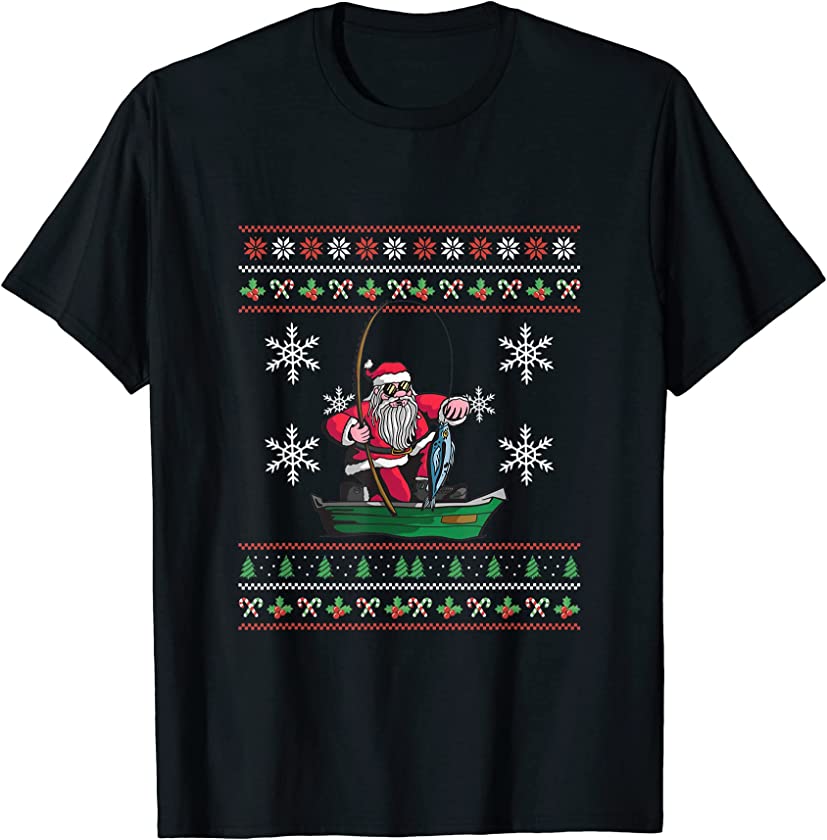 Ugly Christmas Santa Claus Fishing New Year Fisherman Fish T-Shirt