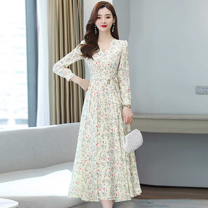 2022 Long Sleeve Floral Chiffon Midi Dress Spring Autumn Casual Boho Beach Sundress Women Vintage Elegant Bodycon Party Vestidos alx