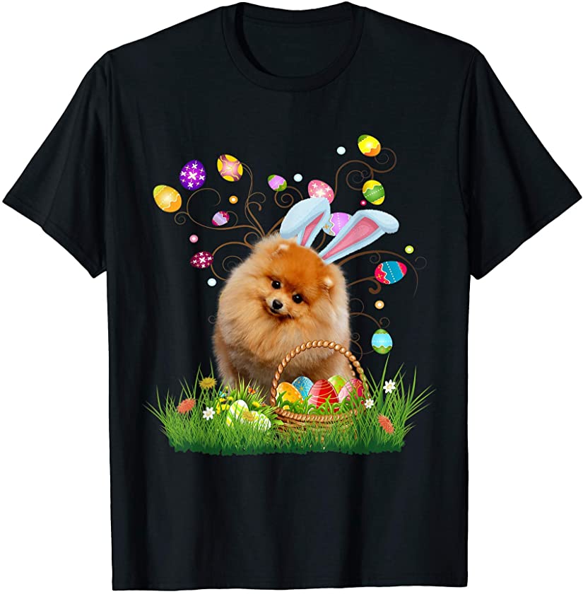 Pomeranian Pet Dog Hunting Egg Tree Bunny Easter Day T-Shirt