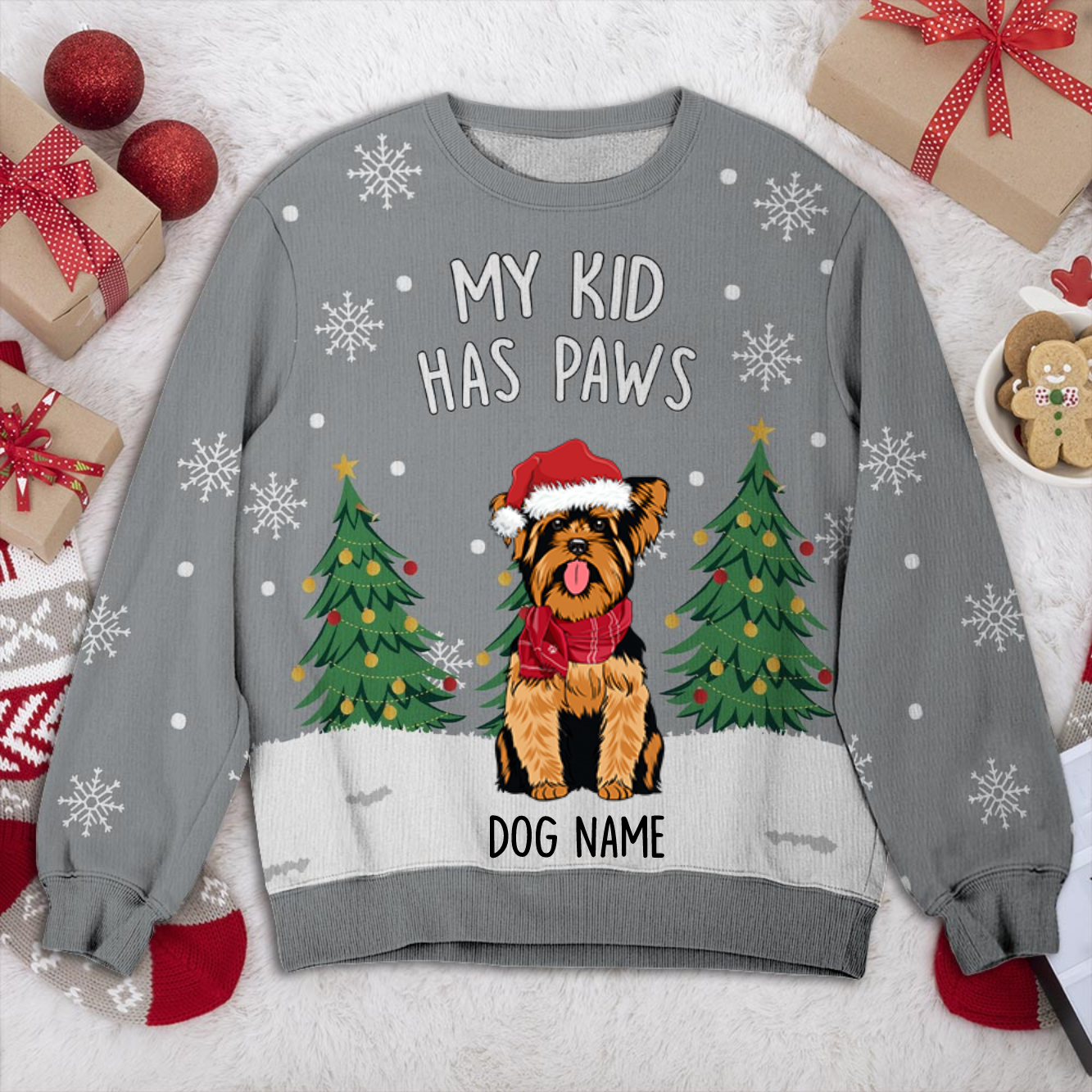 Yorkshire Terrier My Kid Has Paws Personalized Sweater, Dog Ugly Christmas Sweater