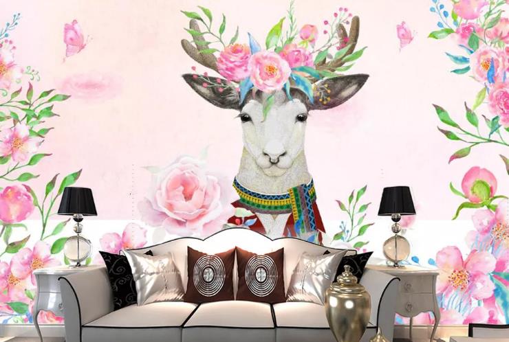 3D Hand Drawn Animal Deer Pink Floral Wall Mural Wallpaper Lqh 559