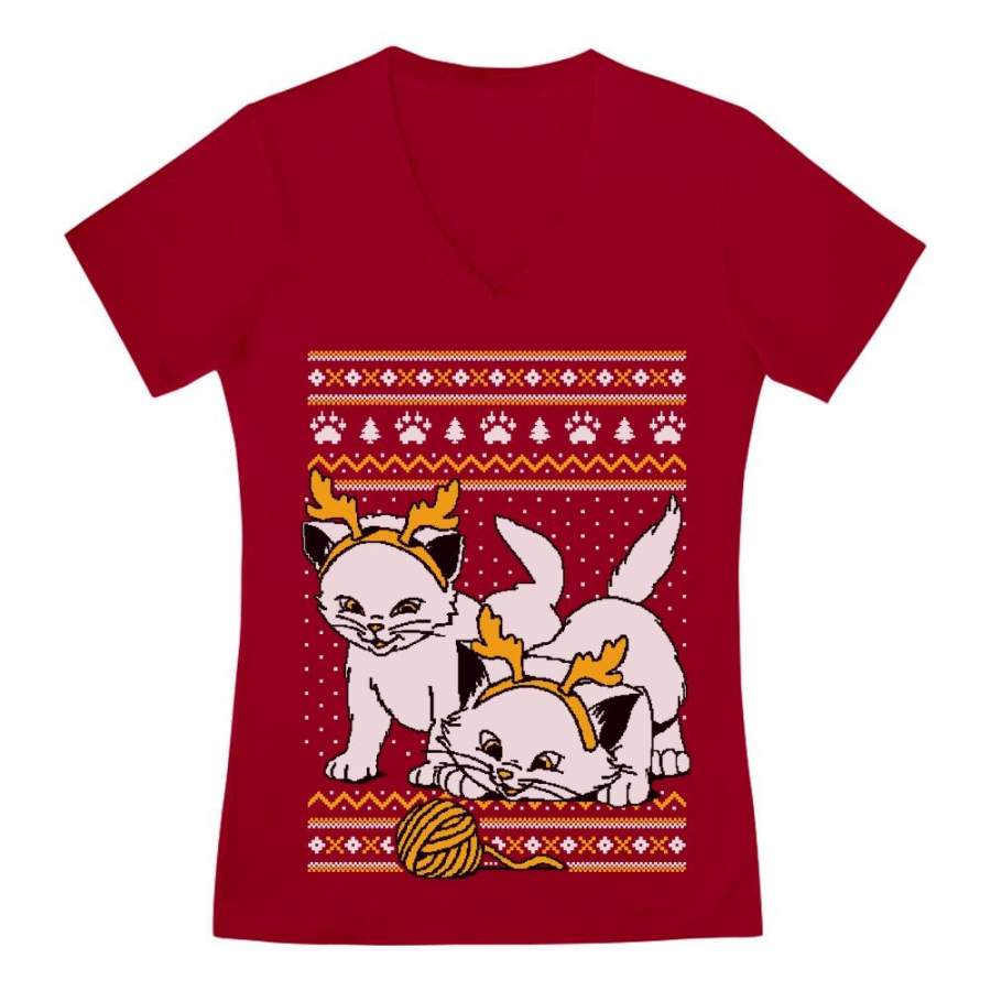 Cats with Reindeer Antler Headband Ugly Christmas V-Neck Fitted Women T-Shirt