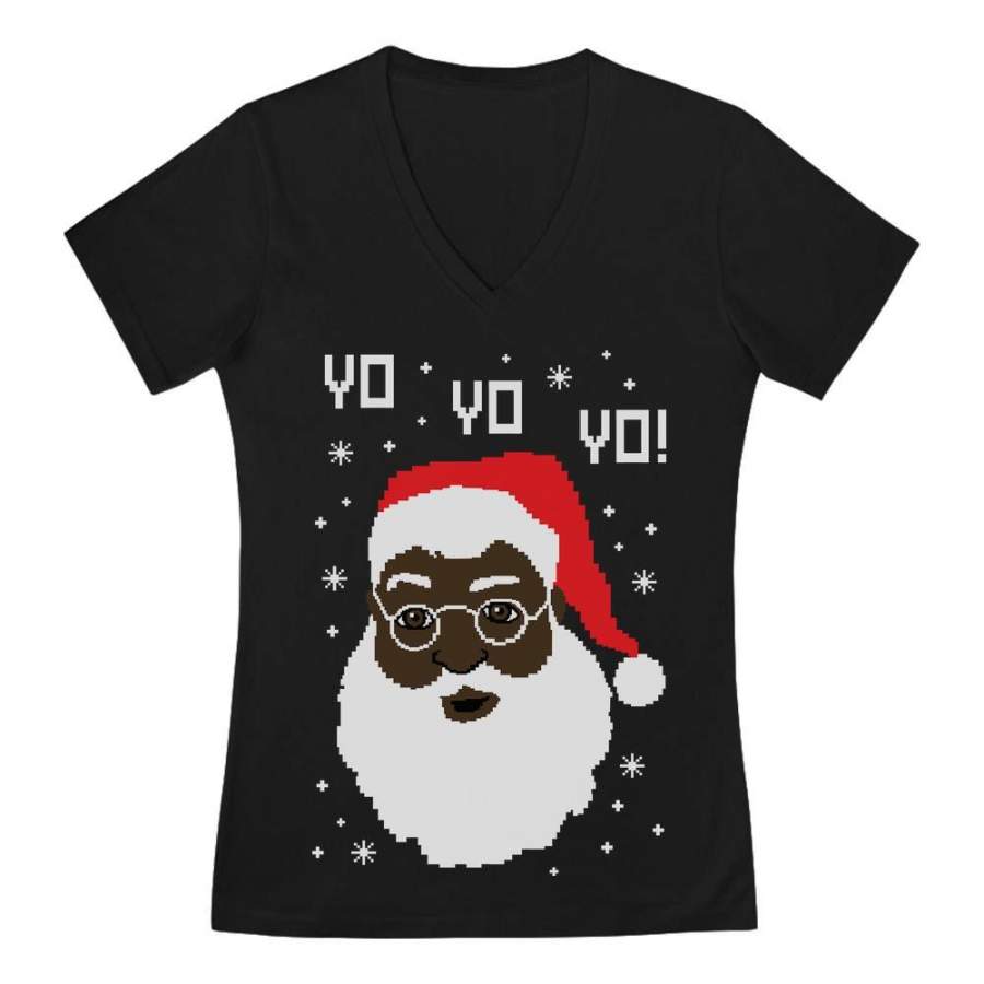 Black Santa Ugly Christmas Sweater V-Neck Fitted Women T-Shirt