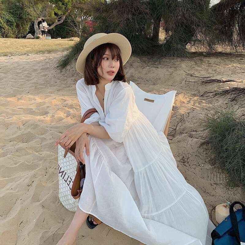 Summer Women Dress White Maxi Long Dresses Beach Skirt Holiday French Dress Fairy Large Loose Dress Women Boho Office Lady Wear alx