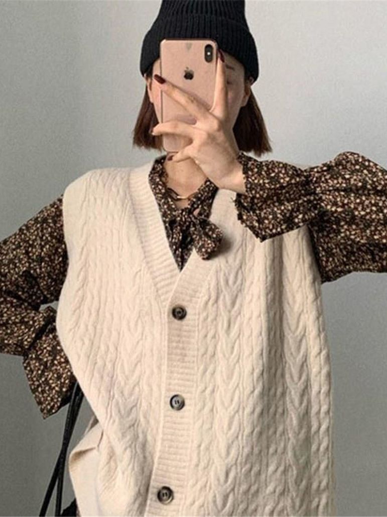 Women Sweater Vests Solid V-neck Single Breasted All-match Elegant Fashion Loose Temperament Side-slit Twist Knitting Korean New alx