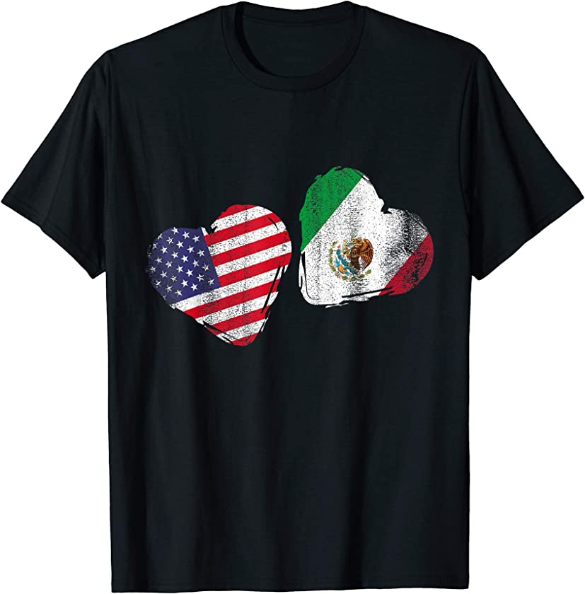 US Pride Mexican Flag Heart Gift America Mexico T-Shirt