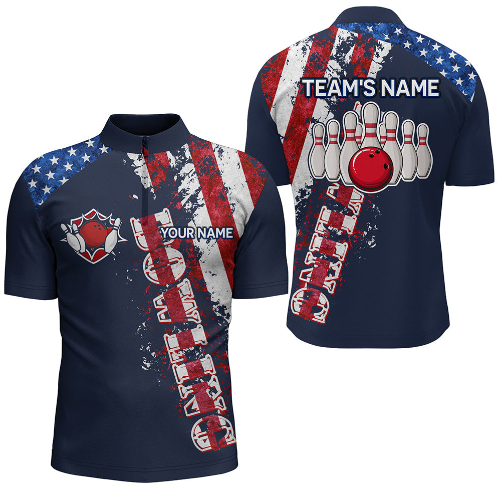 Patriotic Men’S Bowling Shirt Quarter-Zip, Custom Name Men Bowlers Jersey American Flag