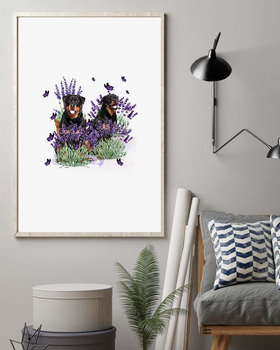 Rottweiler with lavender flower poster