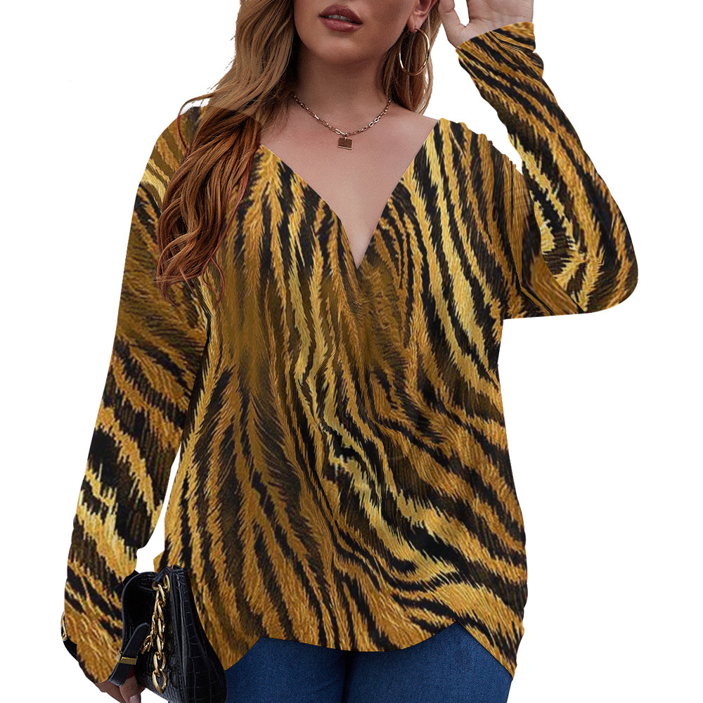 Tiger Skin Print V-Neck Long Sleeve Plus Size T-Shirt