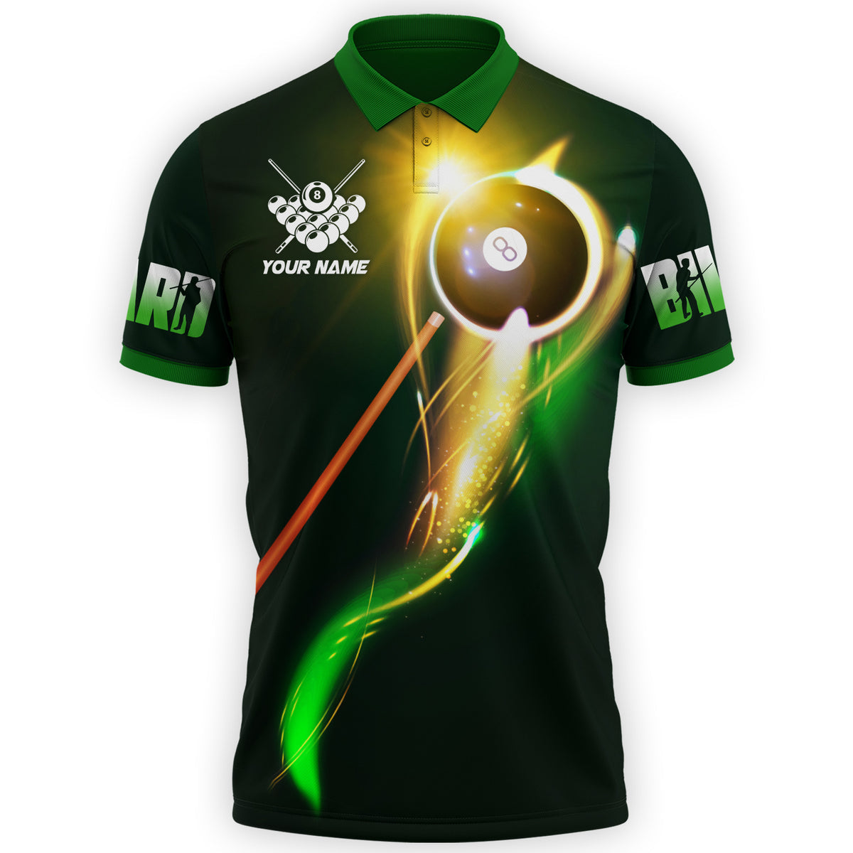 Green Unisex Billiard Flow Ball Polo Shirt, Custom Name Billiard 3D Shirt