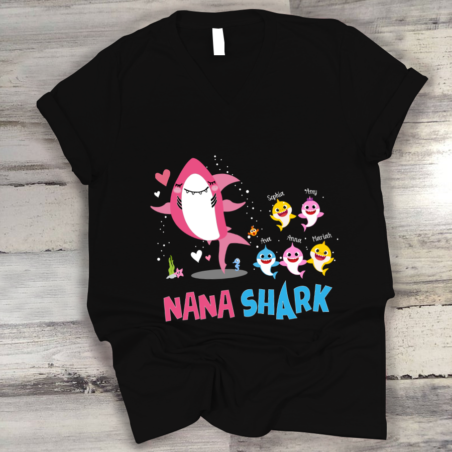 Nana Shark And Grandkids Custom V-Neck