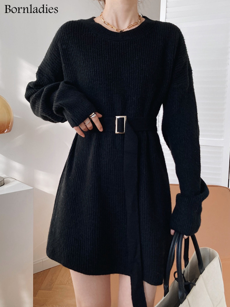 Bornladies Vintage O-neck Ladies Sweater Dress 2022 Autumn Winter Warm Loose Full Sleeve Solid Knitting Women Dresses Vestidos alx