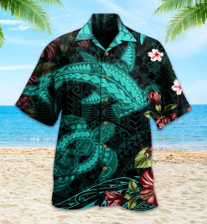 Shark And Turtle Hibiscus Green Hawaii Shirt Ha80325