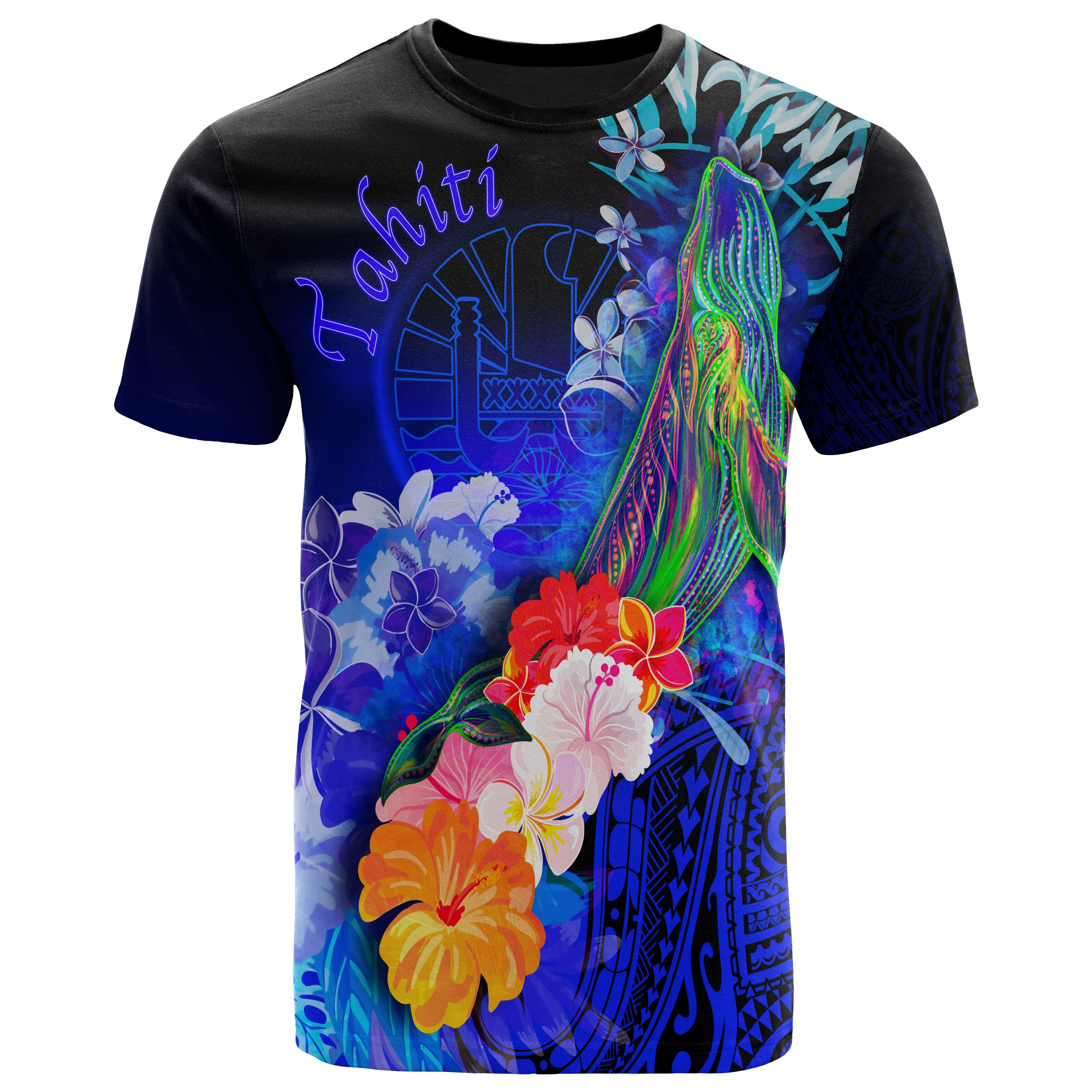 Tahiti T-Shirts – Humpback Whale with Tropical Flowers (Blue)- BN18