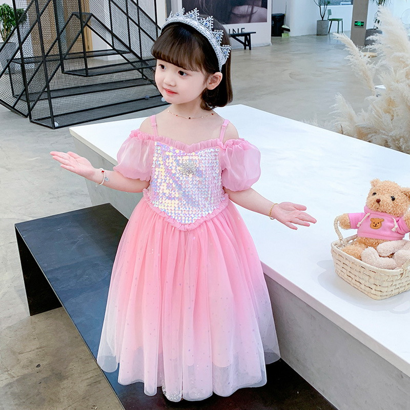 Summer Girls Snow Queen Costume Puff Short Sleeve For Kids Christmas Fancy Elza Sequin Dress Halloween Holiday Children Clothing alx