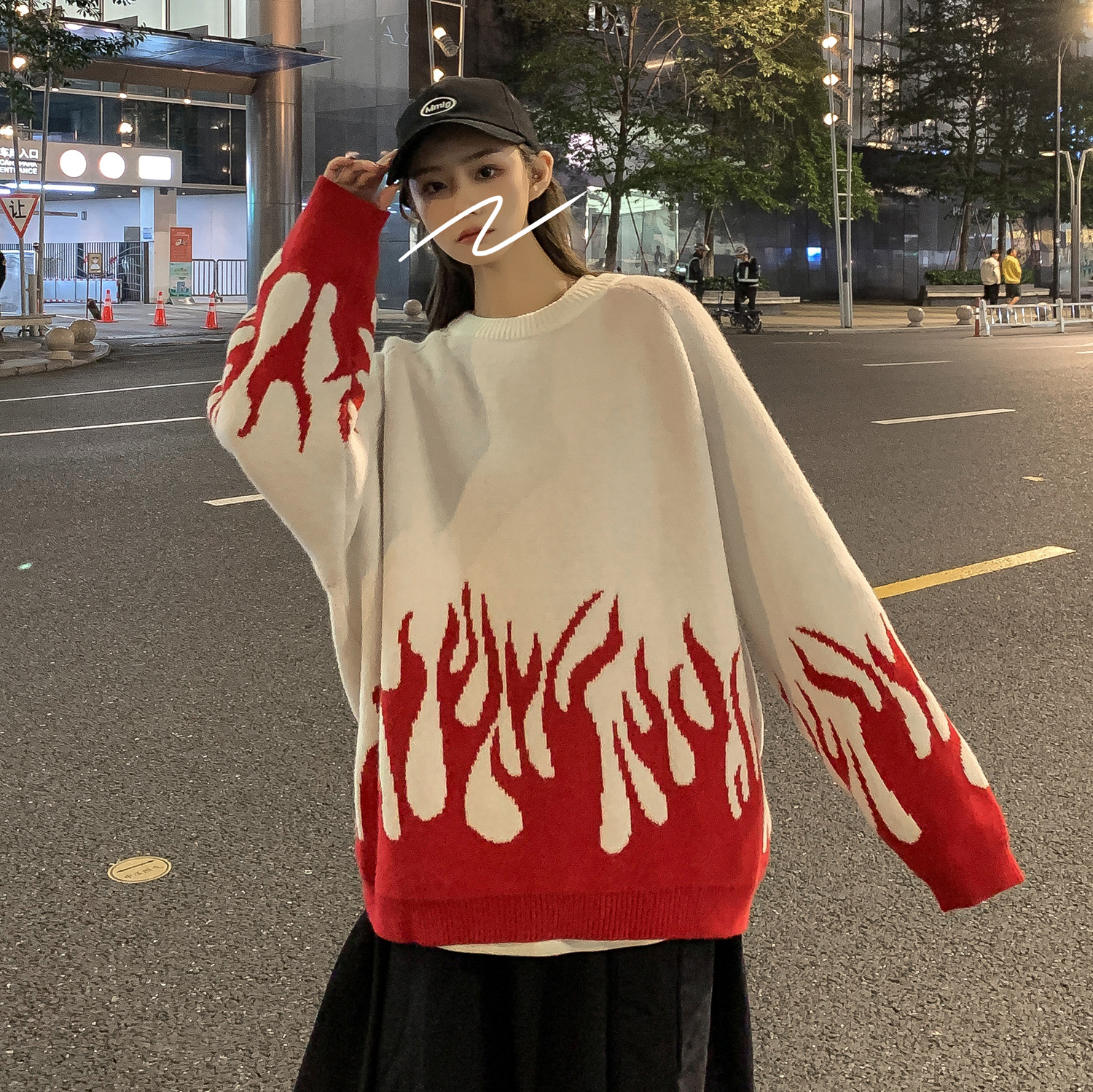 Winter Sweater Oversize Ins Flame Pattern Jumper O-Neck Casual Loose Korea Women’s Sweater Harajuku Sweater Couple Clothing alx